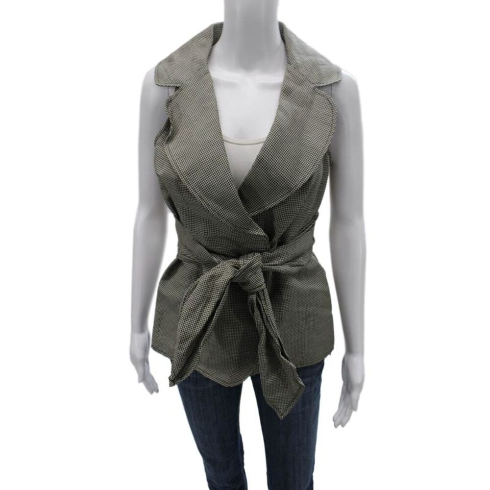 Charles Chang-Lima Womens Linen Check Collared Sleeveless Blouse Tie Size 2
